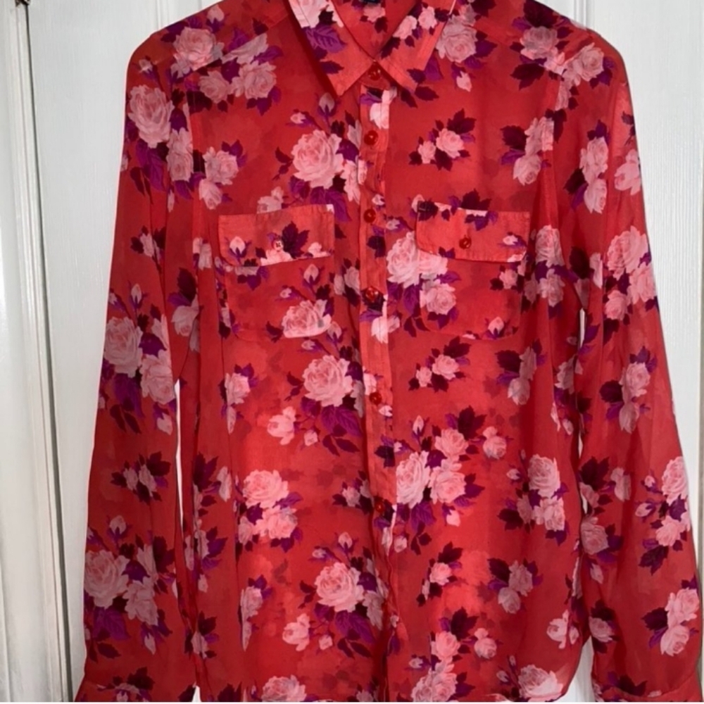 American Eagle Outfitters Red Floral Shear Top